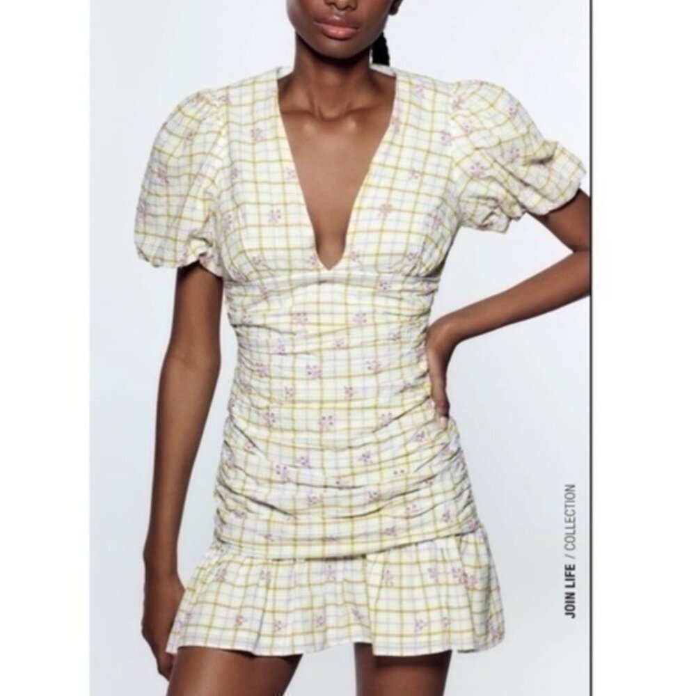Zara Women’s Checkered Draped Mini Dress Balloon Sleeve Floral sz M
